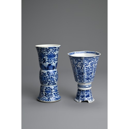 27 - TWO CHINESE BLUE AND WHITE PORCELAIN ITEMS, 18TH CENTURY. TO include a Gu vase with leaf mark to bas... 