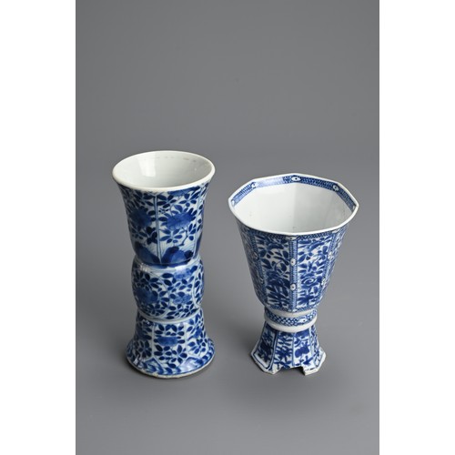 27 - TWO CHINESE BLUE AND WHITE PORCELAIN ITEMS, 18TH CENTURY. TO include a Gu vase with leaf mark to bas... 