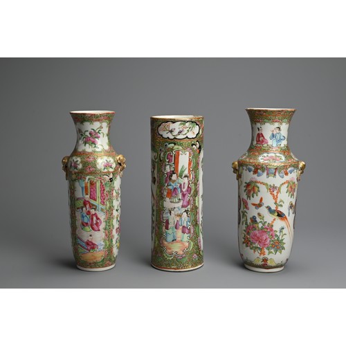 29 - THREE CHINESE CANTON FAMILLE ROSE PORCELAIN VASES, 19/20TH CENTURY. To include two baluster form vas... 