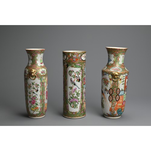 29 - THREE CHINESE CANTON FAMILLE ROSE PORCELAIN VASES, 19/20TH CENTURY. To include two baluster form vas... 