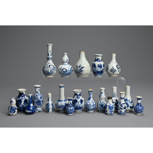 80 - A GROUP OF CHINESE BLUE AND WHITE DOLL'S HOUSE MINIATURE PORCELAIN VASES, 18TH CENTURY. Twenty vases... 