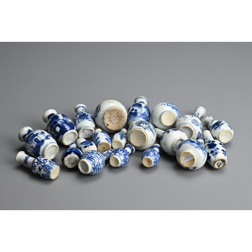 80 - A GROUP OF CHINESE BLUE AND WHITE DOLL'S HOUSE MINIATURE PORCELAIN VASES, 18TH CENTURY. Twenty vases... 