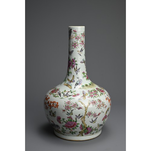 38 - A CHINESE FAMILLE ROSE PORCELAIN BOTTLE VASE, 19TH CENTURY. A globular body with cylindrical neck de... 