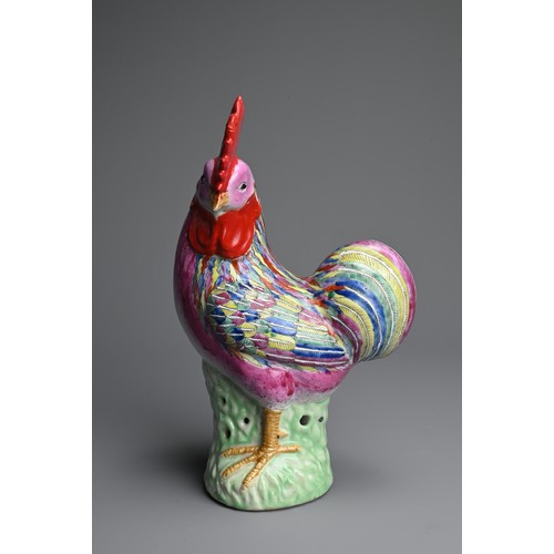 42 - A CHINESE POLYCHROME DECORATED PORCELAIN MODEL OF A ROOSTER, 18TH CENTURY. Standing on a pierced bas... 