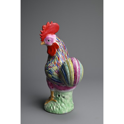 42 - A CHINESE POLYCHROME DECORATED PORCELAIN MODEL OF A ROOSTER, 18TH CENTURY. Standing on a pierced bas... 