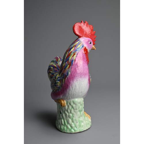 42 - A CHINESE POLYCHROME DECORATED PORCELAIN MODEL OF A ROOSTER, 18TH CENTURY. Standing on a pierced bas... 