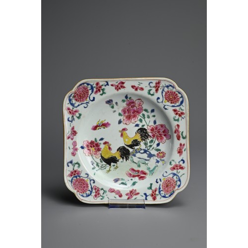 44 - A CHINESE FAMILLE ROSE PORCELAIN DISH, EARLY 18TH CENTURY. Or square lobed form decorated with two r... 