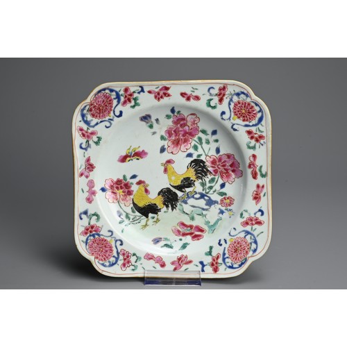 44 - A CHINESE FAMILLE ROSE PORCELAIN DISH, EARLY 18TH CENTURY. Or square lobed form decorated with two r... 