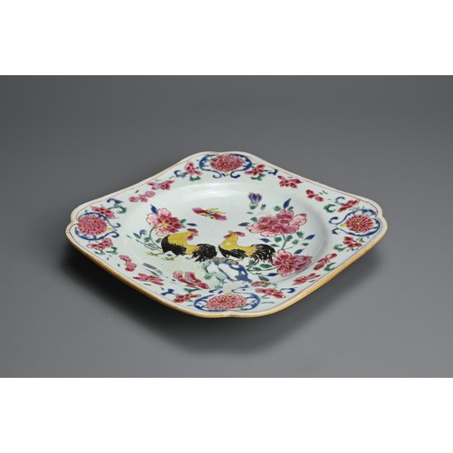 44 - A CHINESE FAMILLE ROSE PORCELAIN DISH, EARLY 18TH CENTURY. Or square lobed form decorated with two r... 