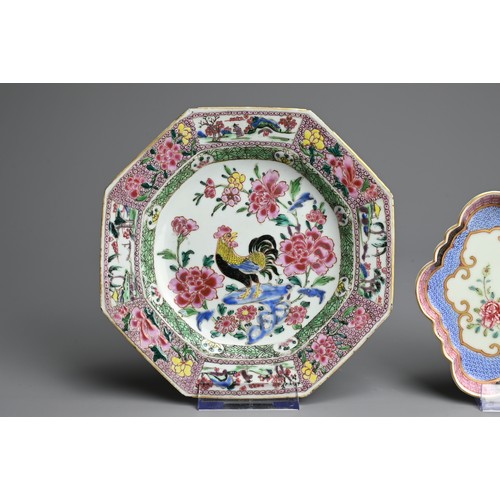 45 - A CHINESE FAMILLE ROSE PORCELAIN DISH AND SPOON TRAY, 18TH CENTURY. Hexagonal and octagonal lobed di... 