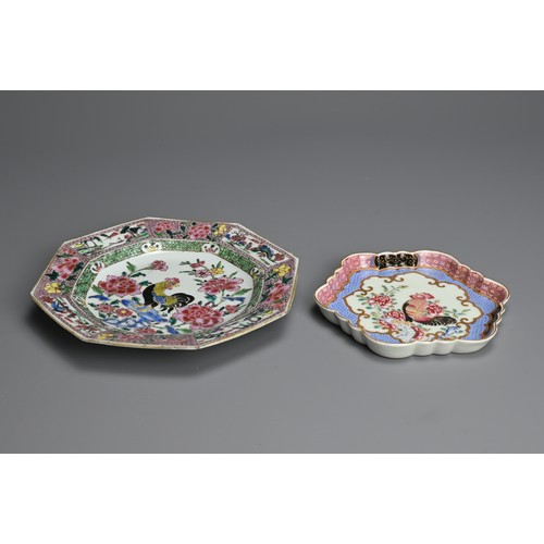 45 - A CHINESE FAMILLE ROSE PORCELAIN DISH AND SPOON TRAY, 18TH CENTURY. Hexagonal and octagonal lobed di... 