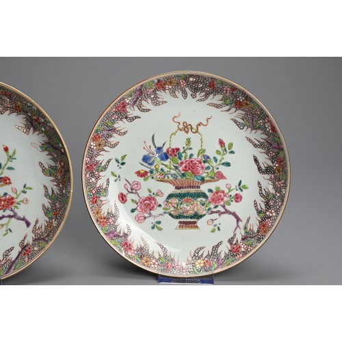 47 - A PAIR OF CHINESE FAMILLE ROSE PORCELAIN DISHES, 18TH CENTURY. Decorated with baskets of flowers wit... 