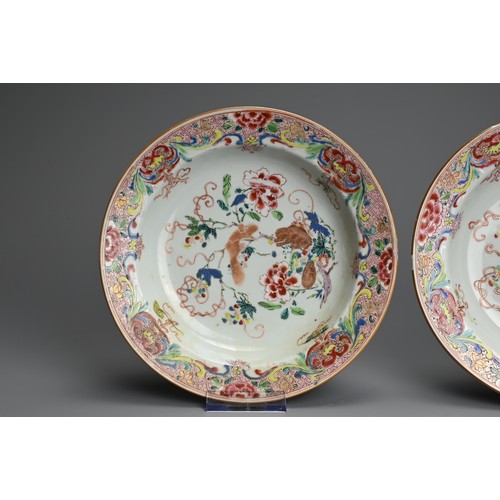 48 - A PAIR OF CHINESE FAMILLE ROSE PORCELAIN DISHES, 18TH CENTURY. With deep rounded sides and everted r... 