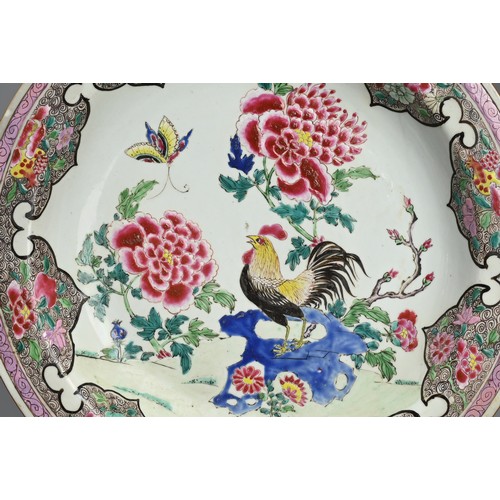 50 - A LARGE PAIR OF CHINESE FAMILLE ROSE PORCELAIN ROOSTER DISHES, EARLY 18TH CENTURY. With rounded side... 