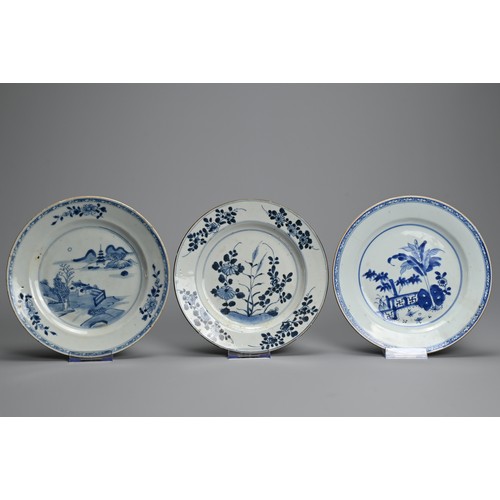 59 - A GROUP OF CHINESE BLUE AND WHITE PORCELAIN DISHES, 18TH CENTURY. Nine dishes in various designs dep... 