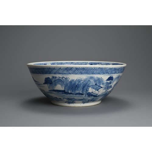 60 - A LARGE CHINESE BLUE AND WHITE PORCELAIN BOWL, 19TH CENTURY. Decorated with figures on a bridge in a... 