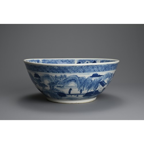 60 - A LARGE CHINESE BLUE AND WHITE PORCELAIN BOWL, 19TH CENTURY. Decorated with figures on a bridge in a... 