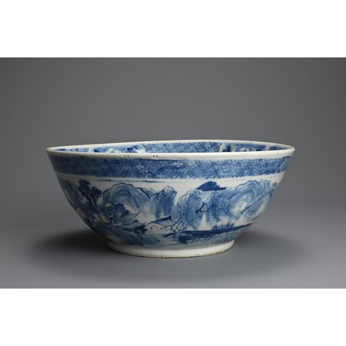 60 - A LARGE CHINESE BLUE AND WHITE PORCELAIN BOWL, 19TH CENTURY. Decorated with figures on a bridge in a... 