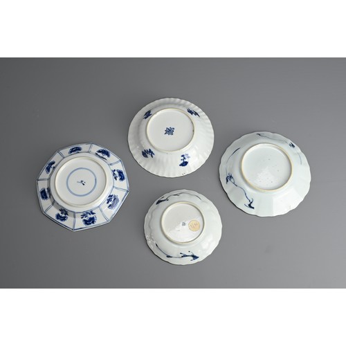 63 - A GROUP OF FOUR CHINESE BLUE AND WHITE PORCELAIN DISHES, EARLY 18TH CENTURY. Of various lobed forms ... 