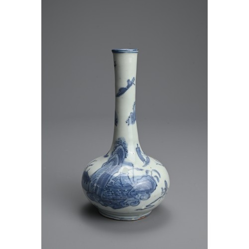 71 - A CHINESE BLUE AND WHITE PORCELAIN BOTTLE VASE, MING DYNASTY. Squat globular body leading into a tap... 