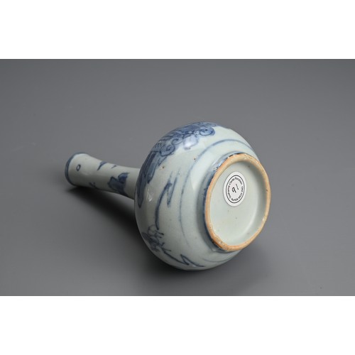 71 - A CHINESE BLUE AND WHITE PORCELAIN BOTTLE VASE, MING DYNASTY. Squat globular body leading into a tap... 