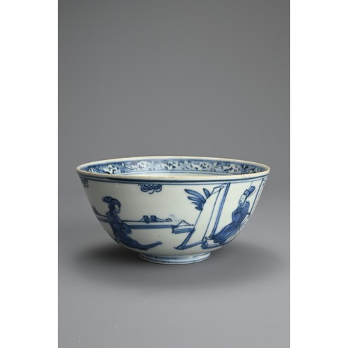 75 - A CHINESE BLUE AND WHITE PORCELAIN BOWL, LATE MING DYNASTY. With rounded sides decorated with schola... 