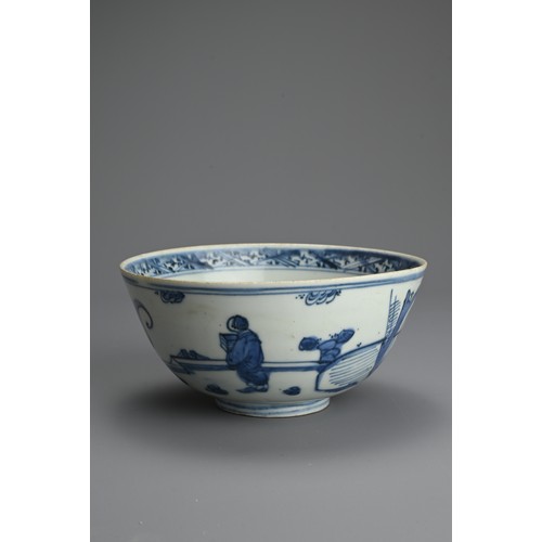 75 - A CHINESE BLUE AND WHITE PORCELAIN BOWL, LATE MING DYNASTY. With rounded sides decorated with schola... 