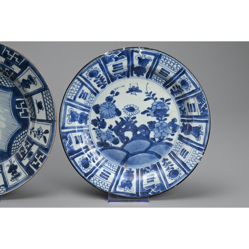 76 - THREE CHINESE BLUE AND WHITE KRAAK STYLE PORCELAIN DISHES, 17/18TH CENTURY. To include a pair decora... 