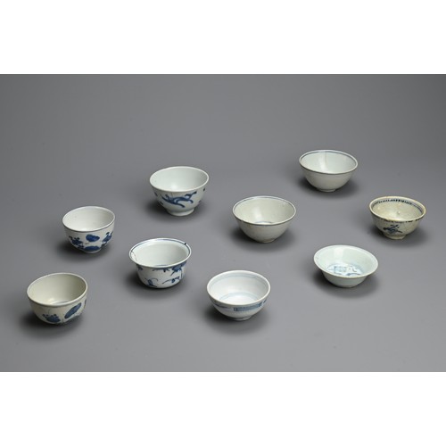 99 - A GROUP OF CHINESE BLUE AND WHITE PORCELAIN CUPS, MING DYNASTY. Nine cups of various form decorated ... 