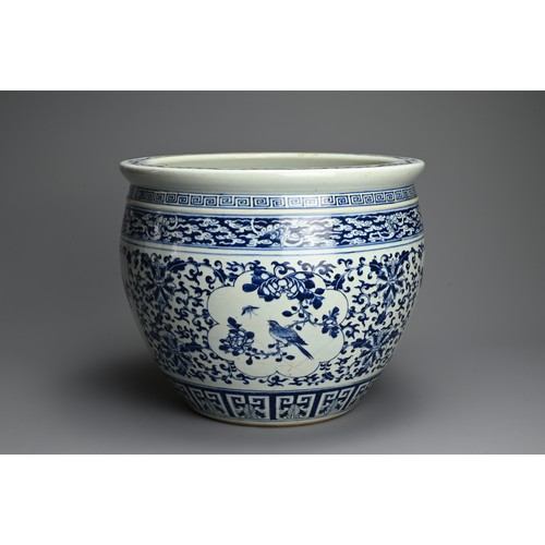 107 - A LARGE CHINESE BLUE AND WHITE PORCELAIN JARDINIERE, 19TH CENTURY. Decorated with panels of birds an... 