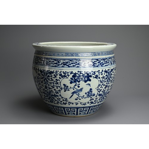 107 - A LARGE CHINESE BLUE AND WHITE PORCELAIN JARDINIERE, 19TH CENTURY. Decorated with panels of birds an... 