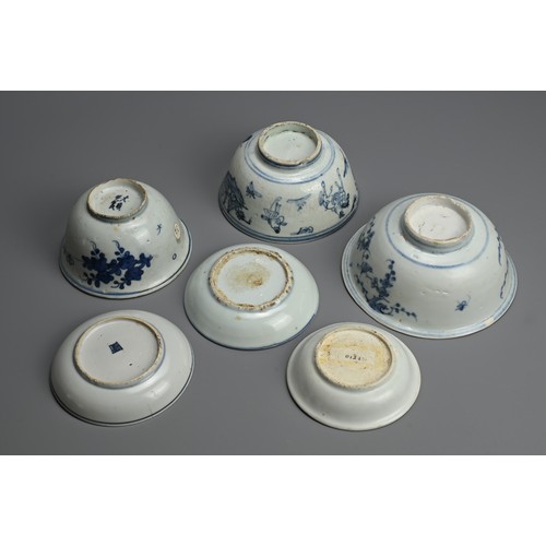 110 - SIX CHINESE BLUE AND WHITE PORCELAIN ITEMS, LATE MING DYNASTY. Comprising three bowls and three smal... 