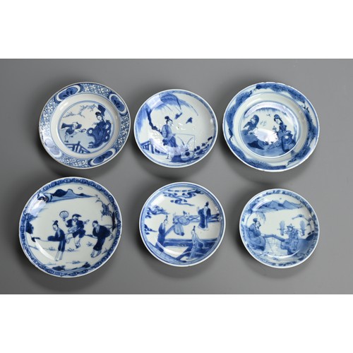 118 - A GROUP OF CHINESE BLUE AND WHITE PORCELAIN SAUCERS, 18TH CENTURY. All with figural decoration repre... 