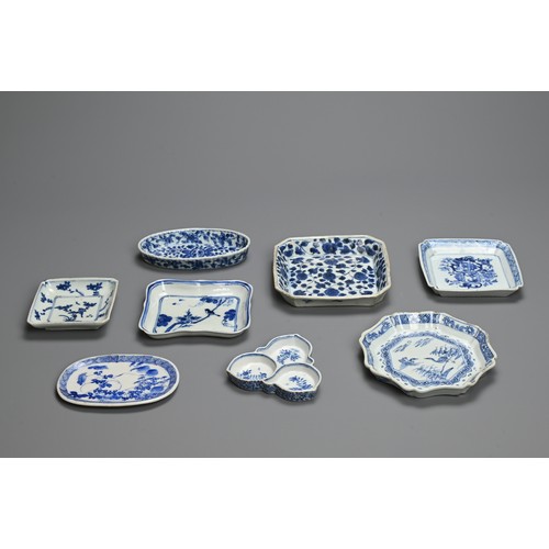 119 - A GROUP OF CHINESE BLUE AND WHITE PORCELAIN DISHES AND TRAYS, QING DYNASTY. Eight of various forms t... 