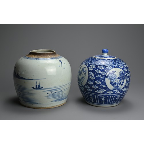 123 - TWO CHINESE BLUE AND WHITE PORCELAIN JARS, 18/19TH CENTURY. The first decorated with coastal scene; ... 