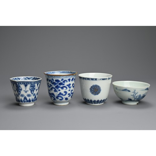 128 - A GROUP OF CHINESE BLUE AND WHITE PORCELAIN CUPS, 18TH CENTURY. Seven cups of various forms decorate... 