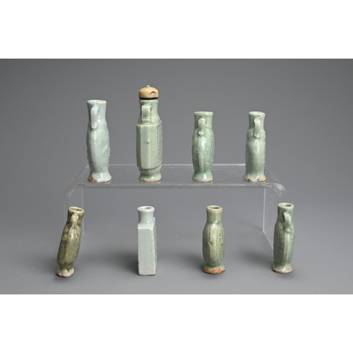 136 - A GROUP OF CHINESE CELADON GLAZED PORCELAIN MINIATURE BOTTLES, MING/ QING DYNASTY. Eight medicine or... 