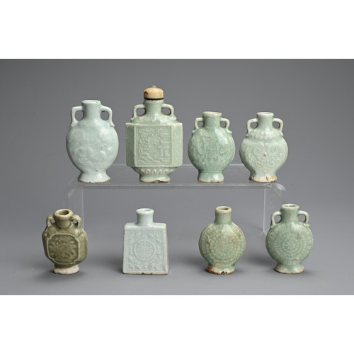 136 - A GROUP OF CHINESE CELADON GLAZED PORCELAIN MINIATURE BOTTLES, MING/ QING DYNASTY. Eight medicine or... 