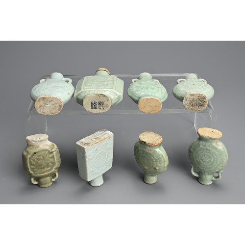 136 - A GROUP OF CHINESE CELADON GLAZED PORCELAIN MINIATURE BOTTLES, MING/ QING DYNASTY. Eight medicine or... 