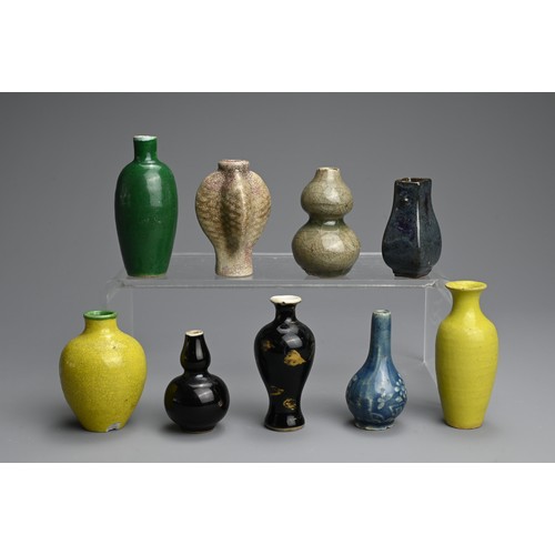 140 - A GROUP OF CHINESE PORCELAIN MINIATURE VASES, 18/19TH CENTURY. Nine vases of various forms to includ... 