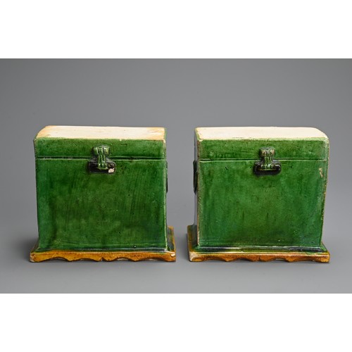 154 - A PAIR OF CHINESE SANCAI GLAZED POTTERY MODELS OF TRUNKS, MING DYNASTY. Of rectangular form, nicely ... 