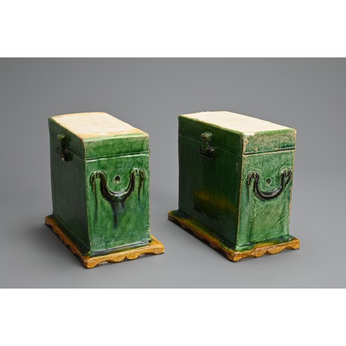 154 - A PAIR OF CHINESE SANCAI GLAZED POTTERY MODELS OF TRUNKS, MING DYNASTY. Of rectangular form, nicely ... 