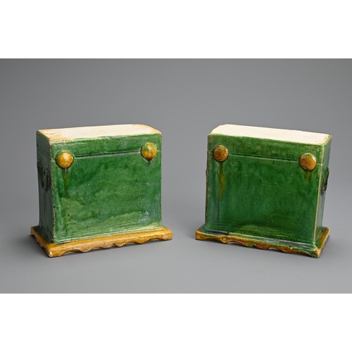 154 - A PAIR OF CHINESE SANCAI GLAZED POTTERY MODELS OF TRUNKS, MING DYNASTY. Of rectangular form, nicely ... 