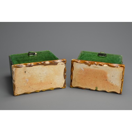 154 - A PAIR OF CHINESE SANCAI GLAZED POTTERY MODELS OF TRUNKS, MING DYNASTY. Of rectangular form, nicely ... 