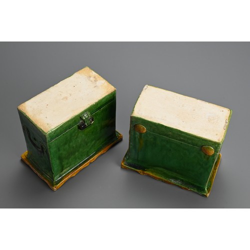 154 - A PAIR OF CHINESE SANCAI GLAZED POTTERY MODELS OF TRUNKS, MING DYNASTY. Of rectangular form, nicely ... 