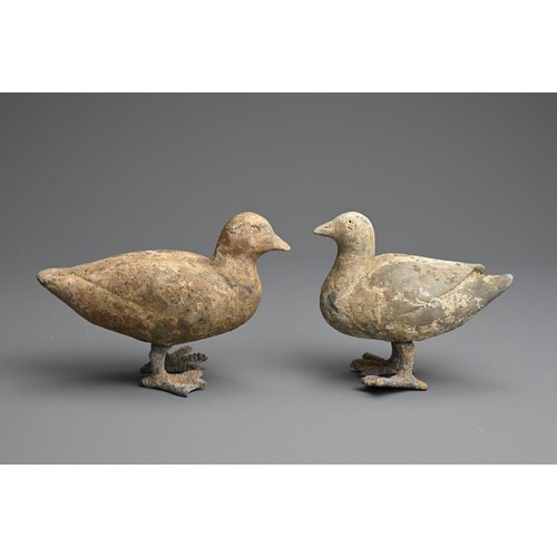 157 - A RARE PAIR OF CHINESE PAINTED POTTERY MODELS OF DUCKS WITH BRONZE FEET, WESTERN HAN DYNASTY. Finely... 