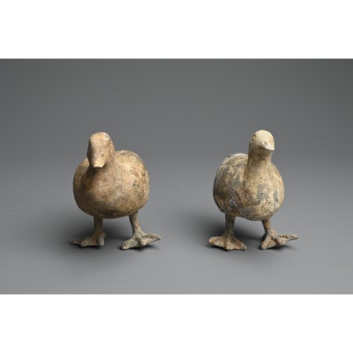 157 - A RARE PAIR OF CHINESE PAINTED POTTERY MODELS OF DUCKS WITH BRONZE FEET, WESTERN HAN DYNASTY. Finely... 