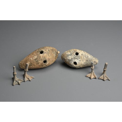 157 - A RARE PAIR OF CHINESE PAINTED POTTERY MODELS OF DUCKS WITH BRONZE FEET, WESTERN HAN DYNASTY. Finely... 