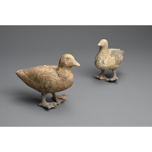 157 - A RARE PAIR OF CHINESE PAINTED POTTERY MODELS OF DUCKS WITH BRONZE FEET, WESTERN HAN DYNASTY. Finely... 