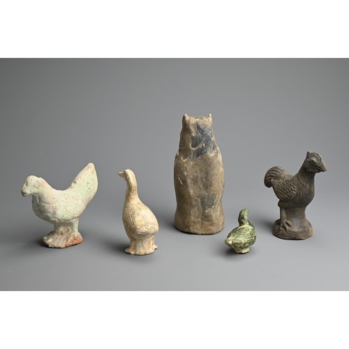 158 - A GROUP OF CHINESE POTTERY ANIMAL MODELS, HAN DYNASTY. To include a grey pottery owl; A grey pottery... 